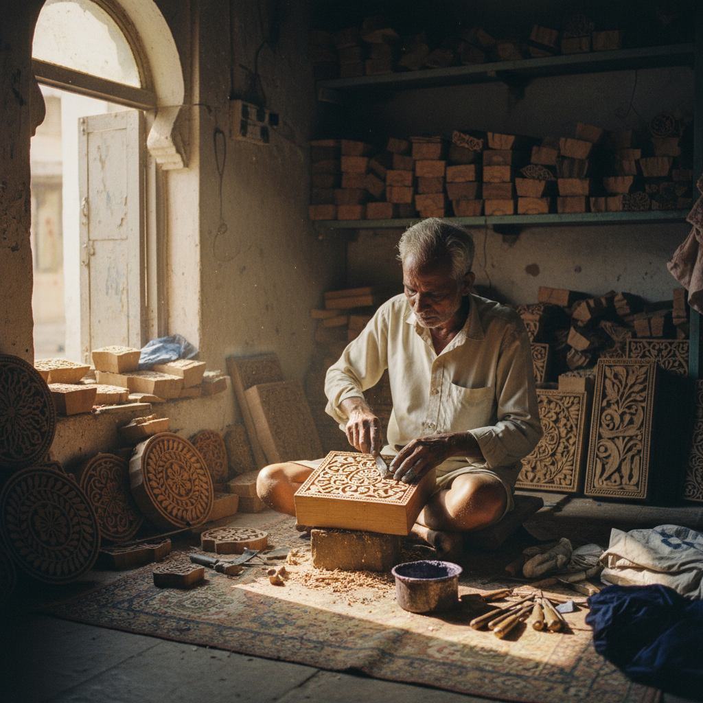 Artisan carving wooden block